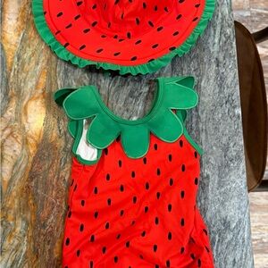 Hanna Andersson Strawberry Kids Swim One Piece & Hat set
